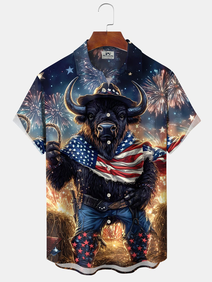 Alohadaddy Holiday American Flag Bison Independence Day Fireworks Shirt