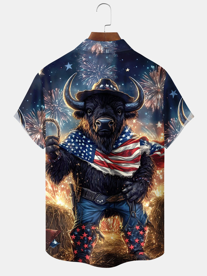 Alohadaddy Holiday American Flag Bison Independence Day Fireworks Shirt