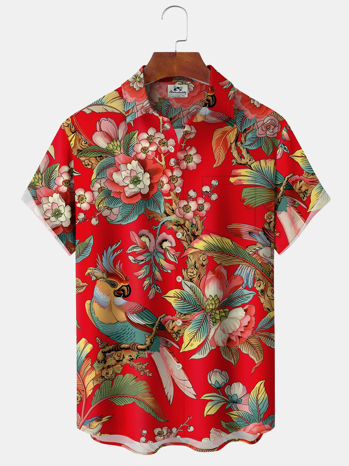 Alohadaddy Hawaiian Vintage Floral Parrot Tropical Leaves Vacation Shirt