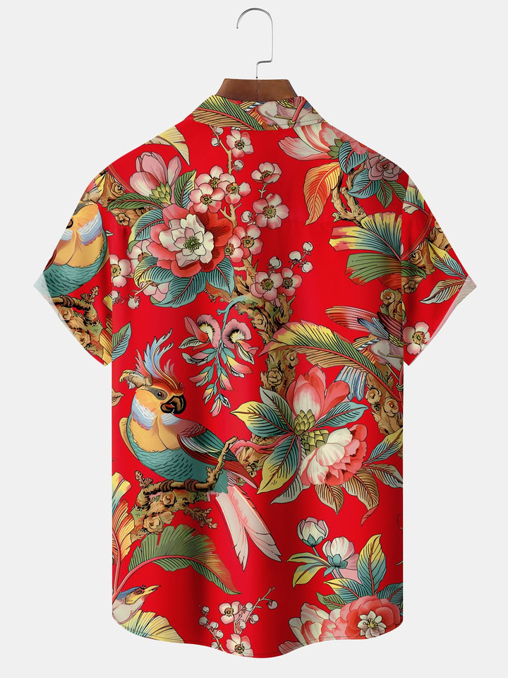 Alohadaddy Hawaiian Vintage Floral Parrot Tropical Leaves Vacation Shirt