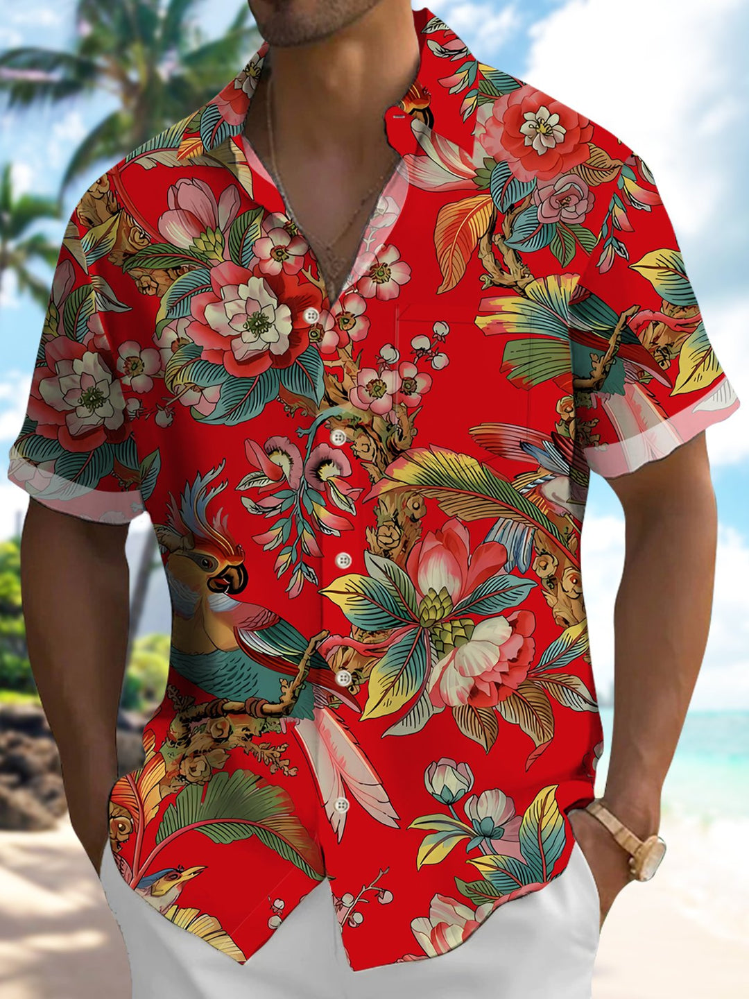 Alohadaddy Hawaiian Vintage Floral Parrot Tropical Leaves Vacation Shirt