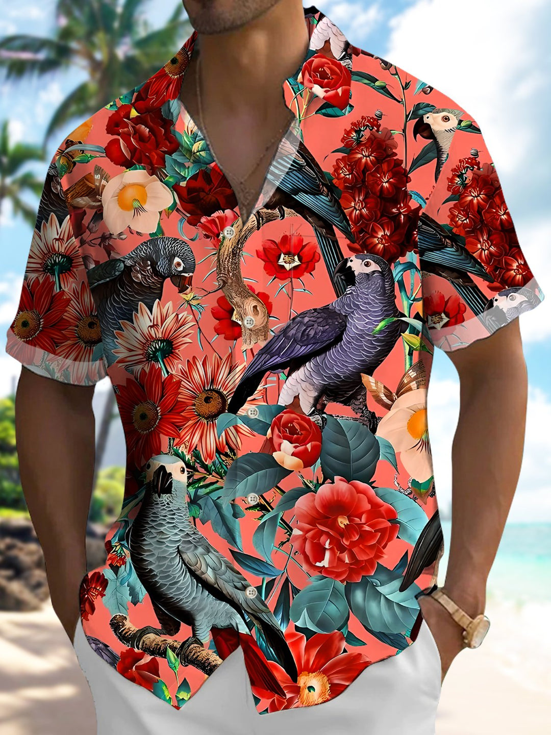 Alohadaddy Vintage Hawaiian Floral Parrot Pocket Shirt