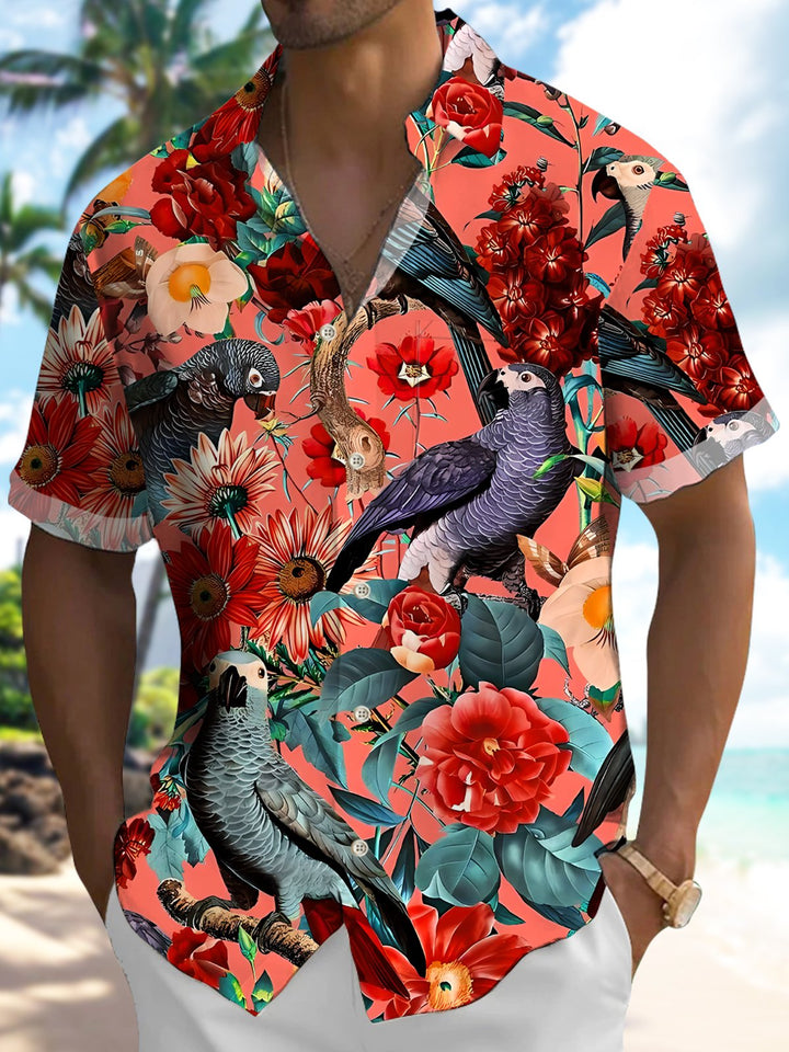 Alohadaddy Vintage Hawaiian Floral Parrot Pocket Shirt