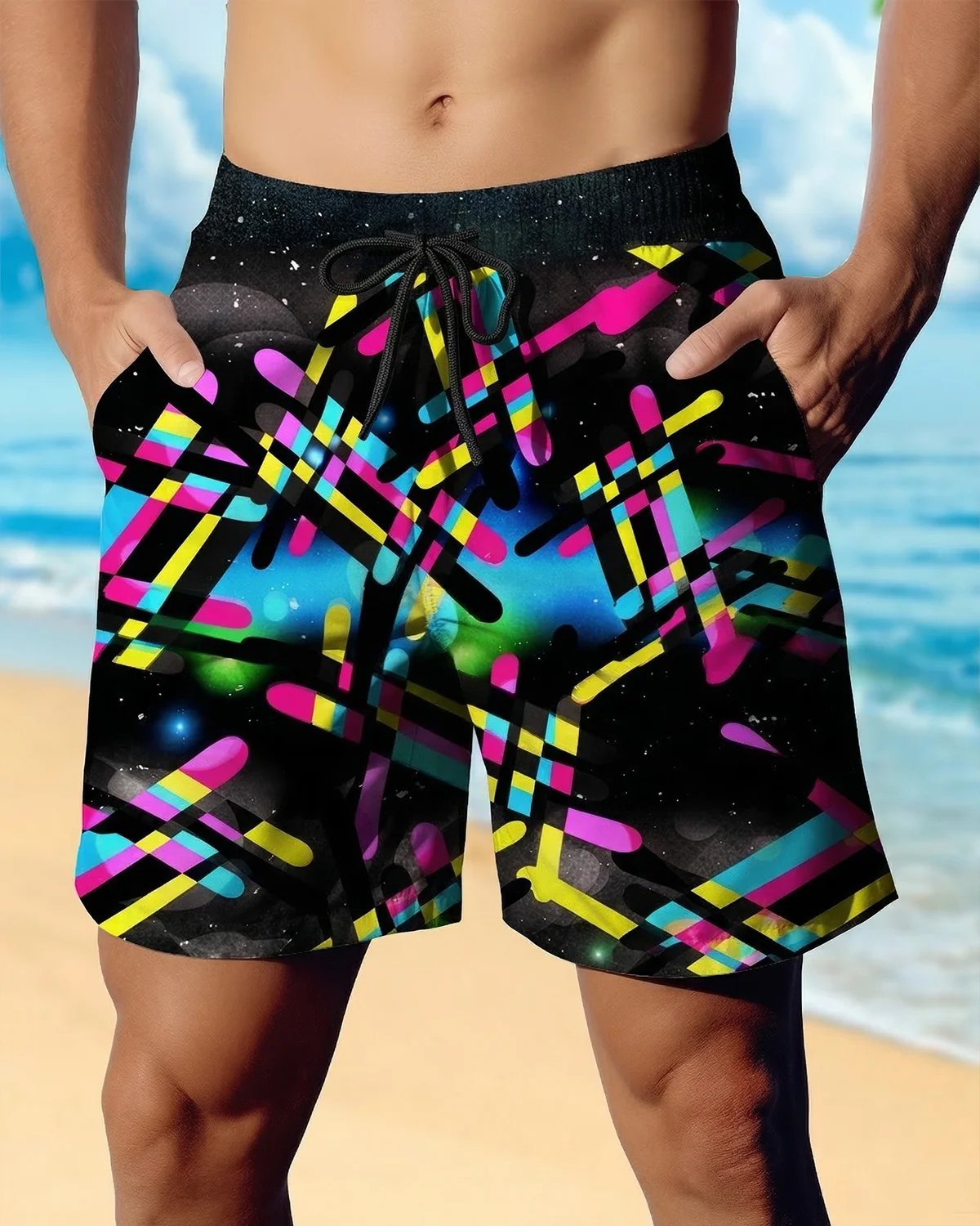 Alohadaddy® Men's Vintage 80s Neon Retro Geometric Space Galaxy Retro Print Retro Print Beach Shorts