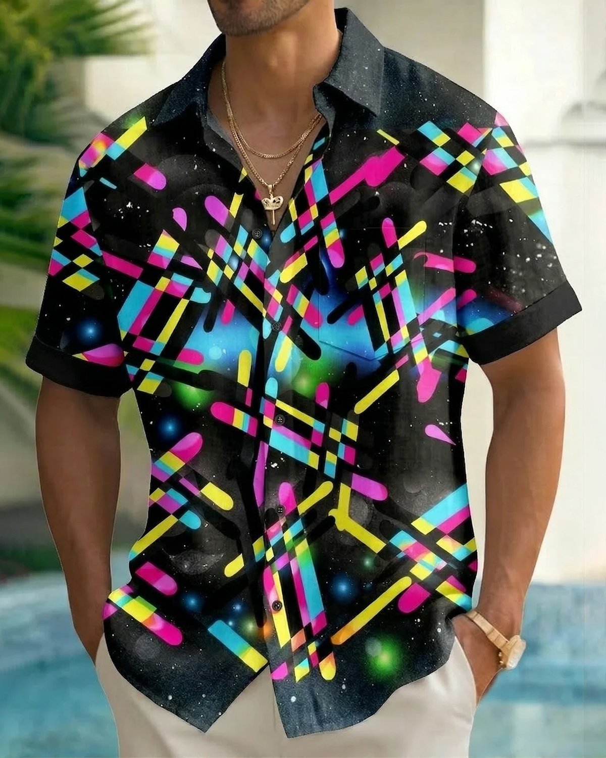 Alohadaddy® Men's Vintage 80s Neon Retro Geometric Space Galaxy Print Button Down Short-Sleeve Big & Tall