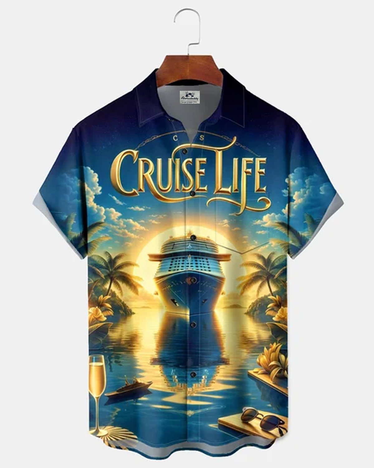 Alohadaddy® Men's Tropic Cruise Life Luxury Ship Tropical Sunset Palm Tree Golden Hour Retro Print Button Down Short-Sleeve Big & Tall