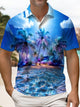 Alohadaddy® Men's Hawaiian Short-Sleeve Polo Shirt  Abstract Art Coconut Trees Beach