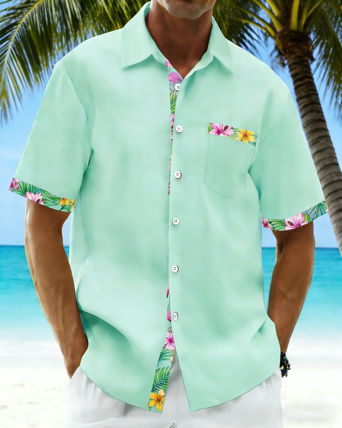 Alohadaddy® Basic Hawaiian Solid Color Flamingo Floral Men's Pocket Shirt Big & Tall