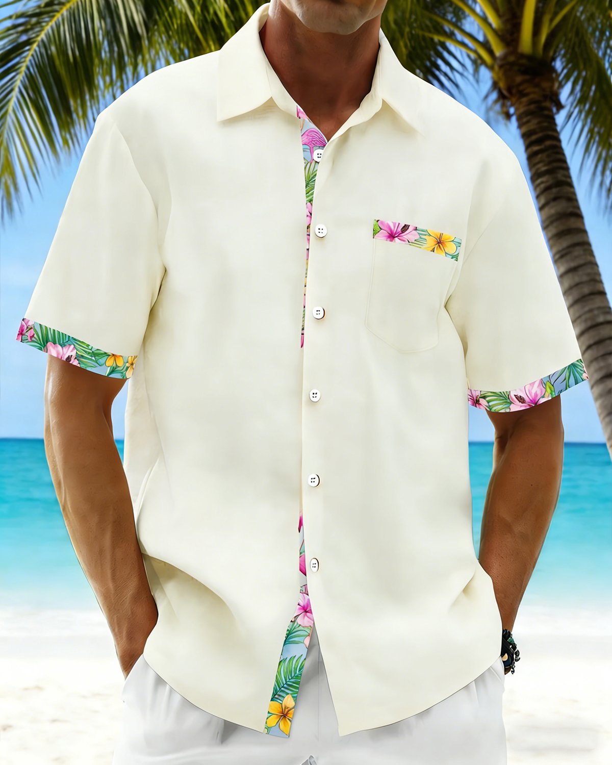 Alohadaddy® Basic Hawaiian Solid Color Flamingo Floral Men's Pocket Shirt Big & Tall