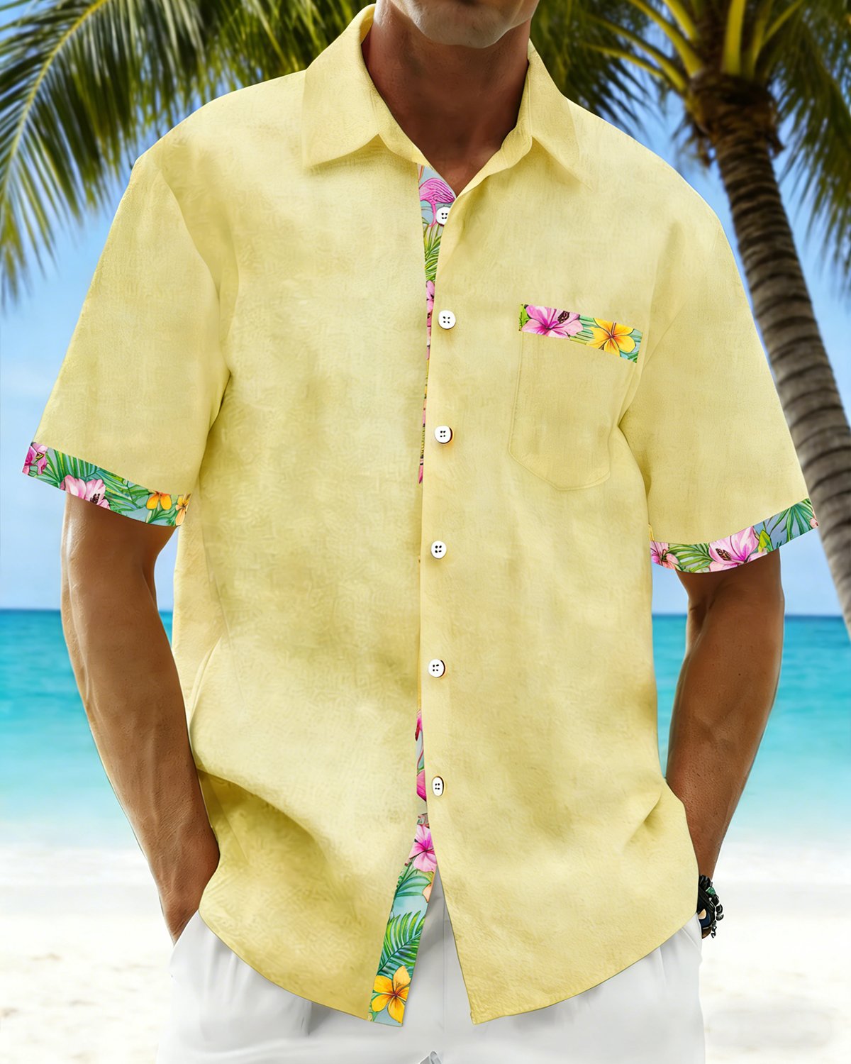 Alohadaddy® Basic Hawaiian Solid Color Flamingo Floral Men's Pocket Shirt Big & Tall