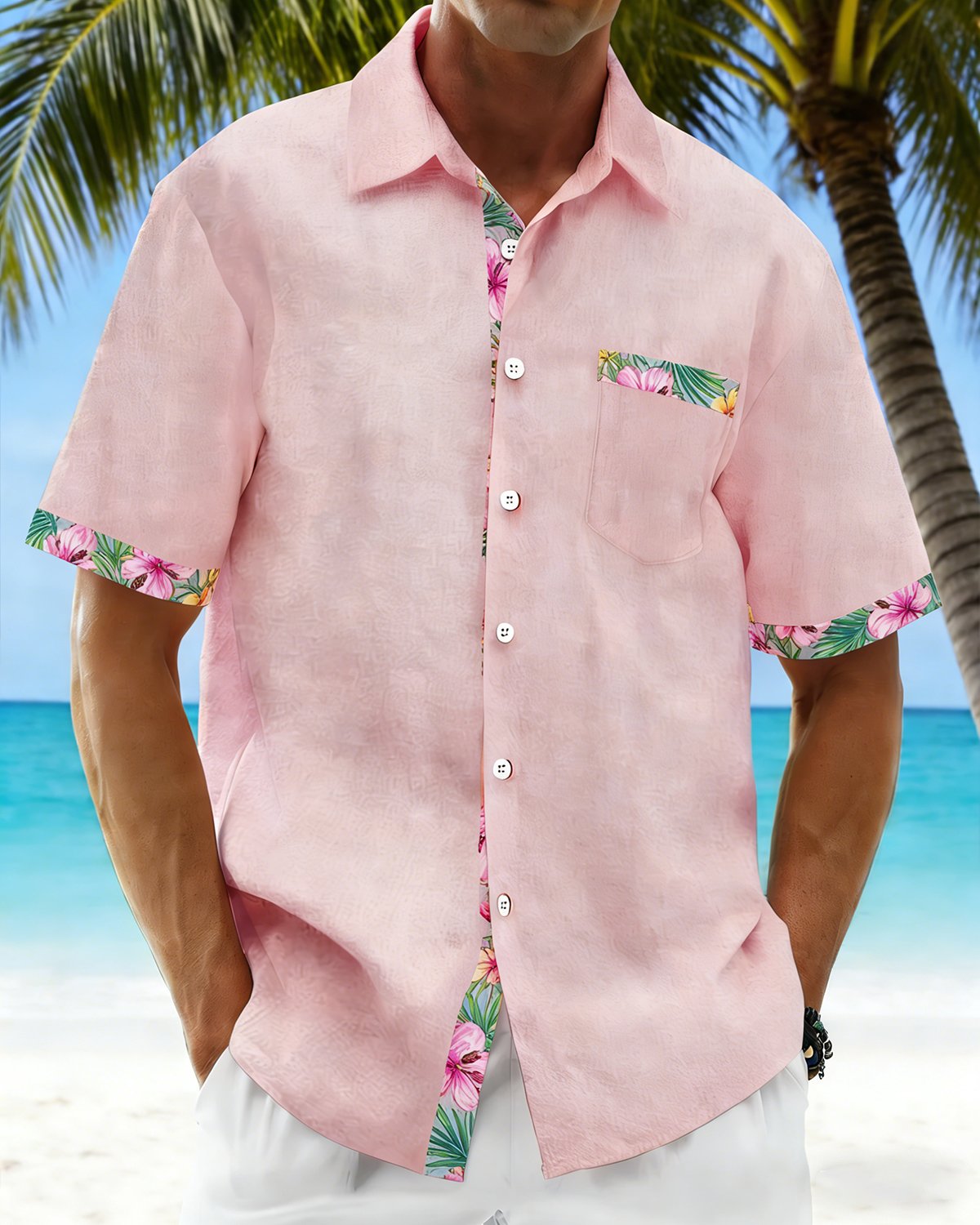 Alohadaddy® Basic Hawaiian Solid Color Flamingo Floral Men's Pocket Shirt Big & Tall