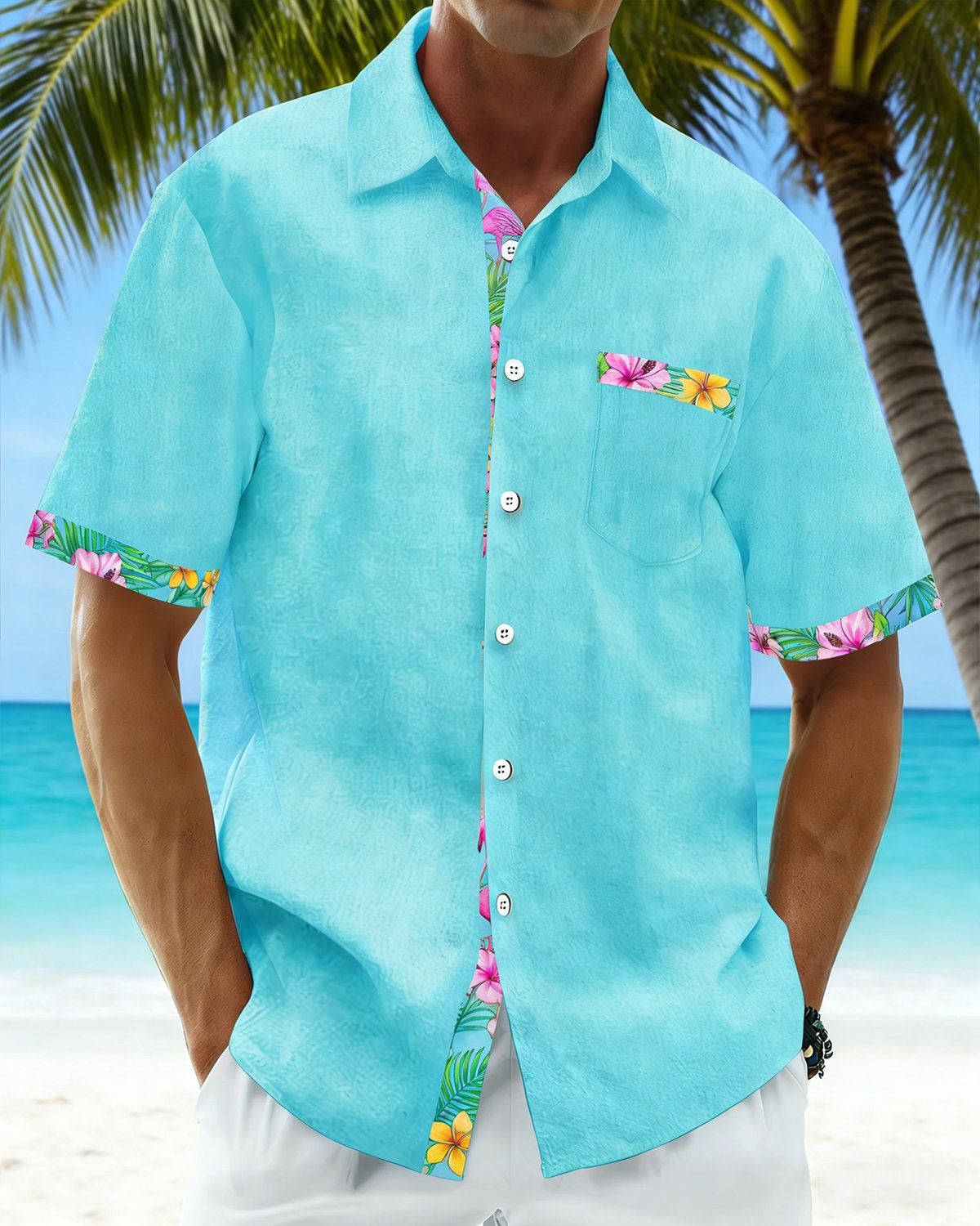 Alohadaddy® Basic Hawaiian Solid Color Flamingo Floral Men's Pocket Shirt Big & Tall