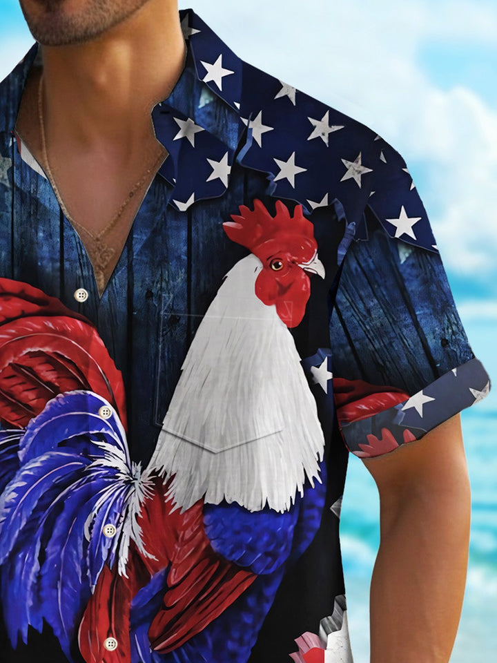 Chemise hawaïenne pour homme Alohadaddy Independence Day avec drapeau américain et motif coq extensible à poche pour camp