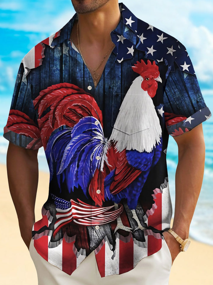 Chemise hawaïenne pour homme Alohadaddy Independence Day avec drapeau américain et motif coq extensible à poche pour camp