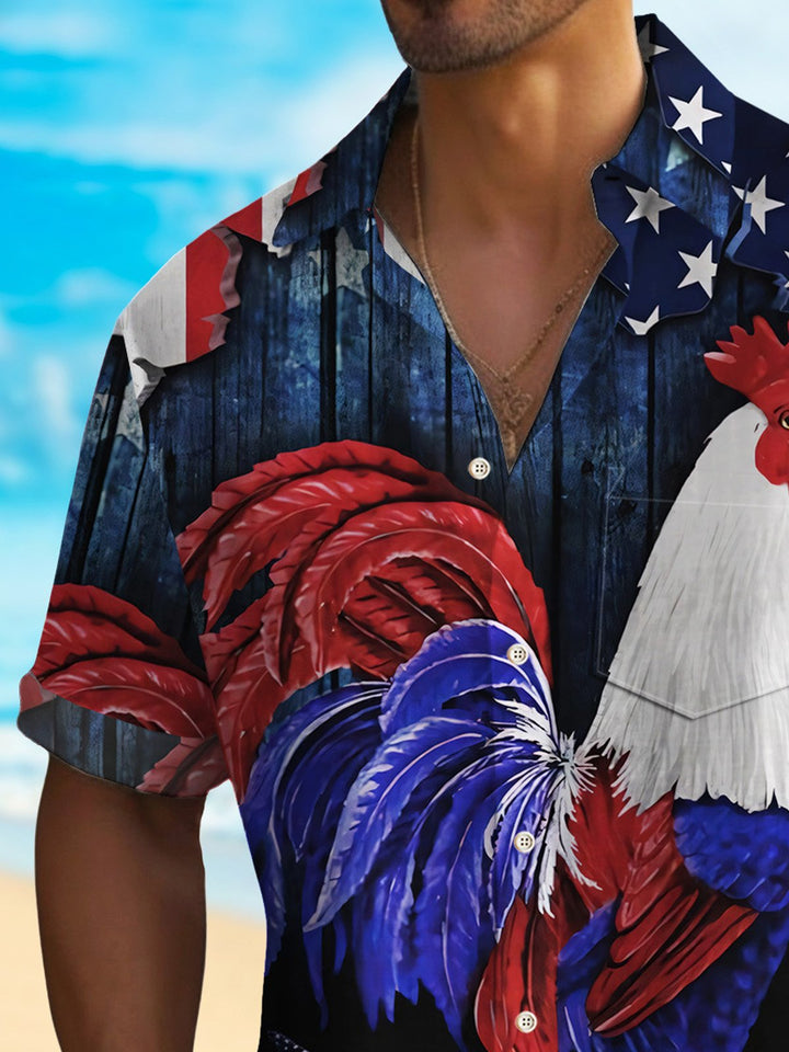 Chemise hawaïenne pour homme Alohadaddy Independence Day avec drapeau américain et motif coq extensible à poche pour camp