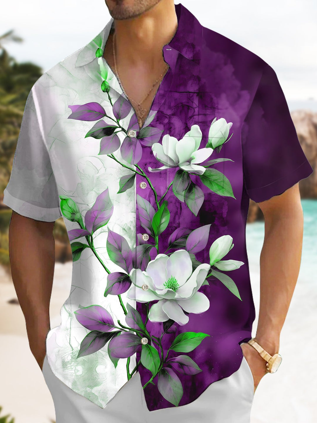 Alohadaddy Hawaii Casual Flowers Asymmetric Design Art Print Button Cardigan Pockets Polyester Stretch Long Oversized Shirt