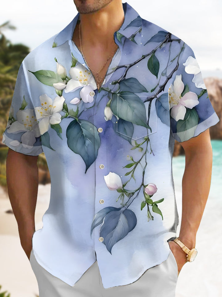 Alohadaddy Hawaiian Floral Art Smudge Pocket Button-Down Shirt