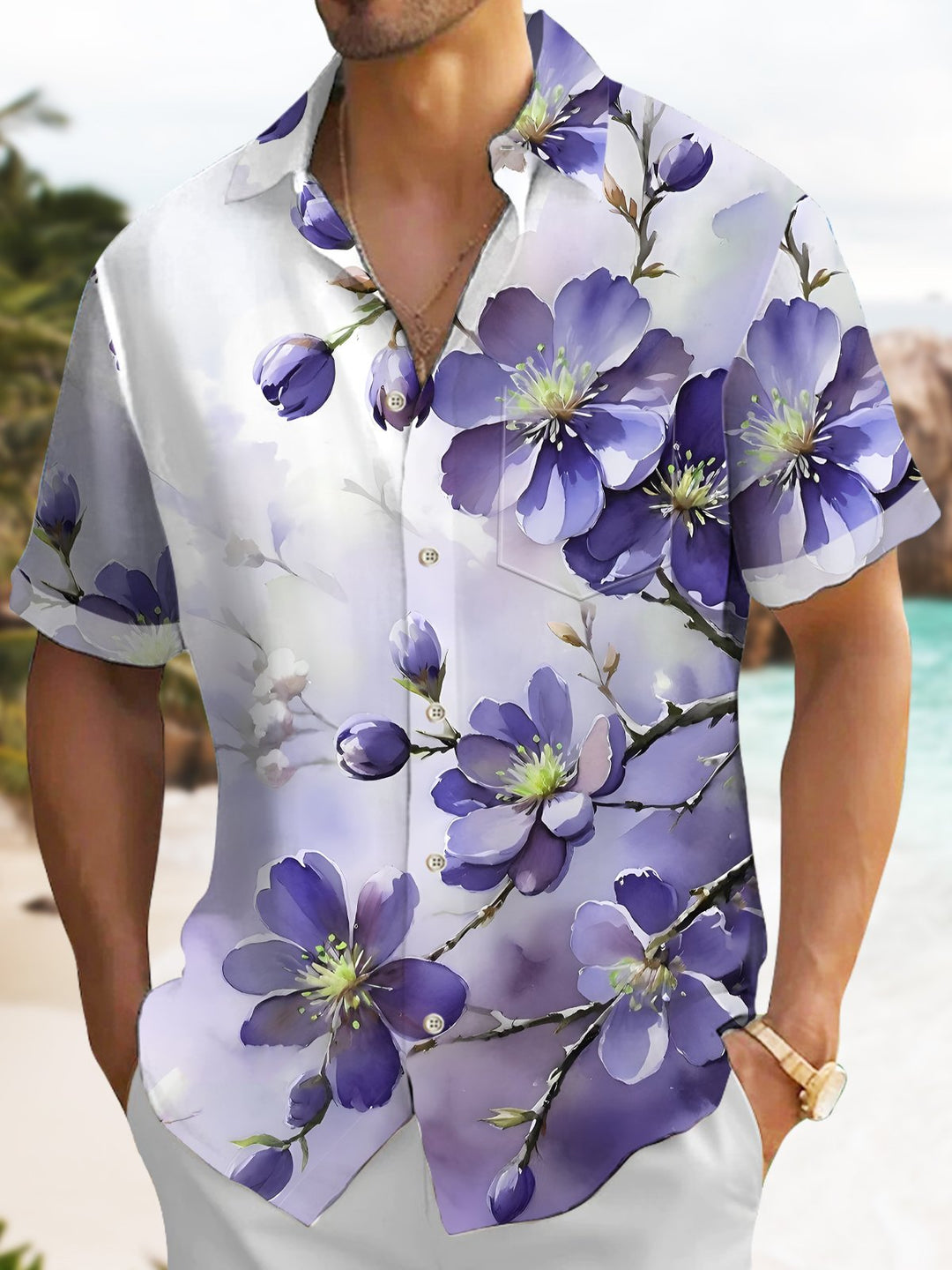 Alohadaddy Hawaiian Floral Aloha Art Large Size Pocket Buttoned Shirt