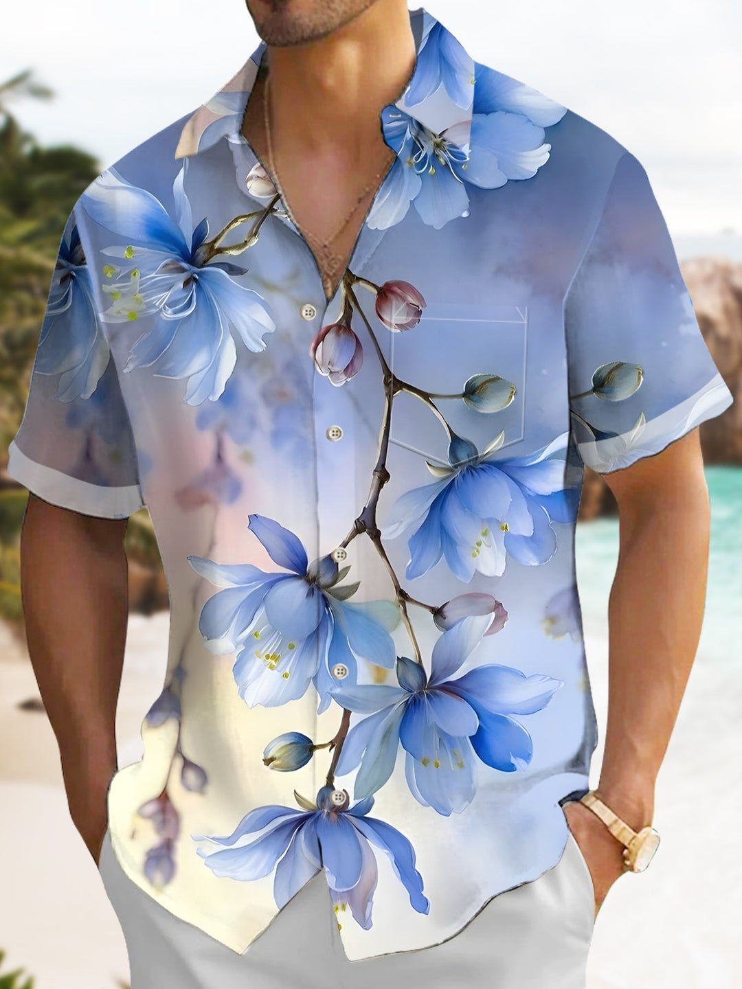 Alohadaddy Hawaiian Floral Art Oversized Pocket Button-Down Shirt