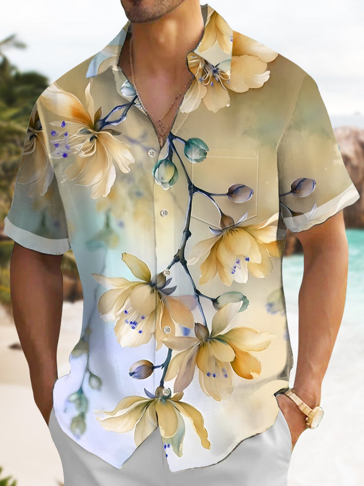 Alohadaddy Hawaiian Floral Art Oversized Pocket Button-Down Shirt