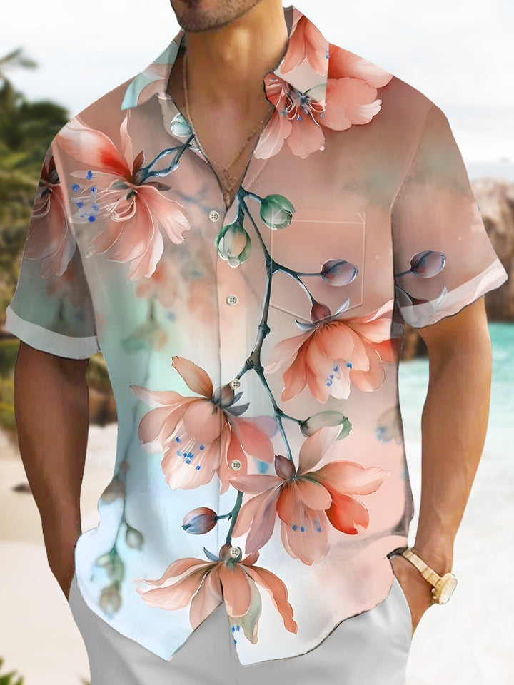 Alohadaddy Hawaiian Floral Art Oversized Pocket Button-Down Shirt
