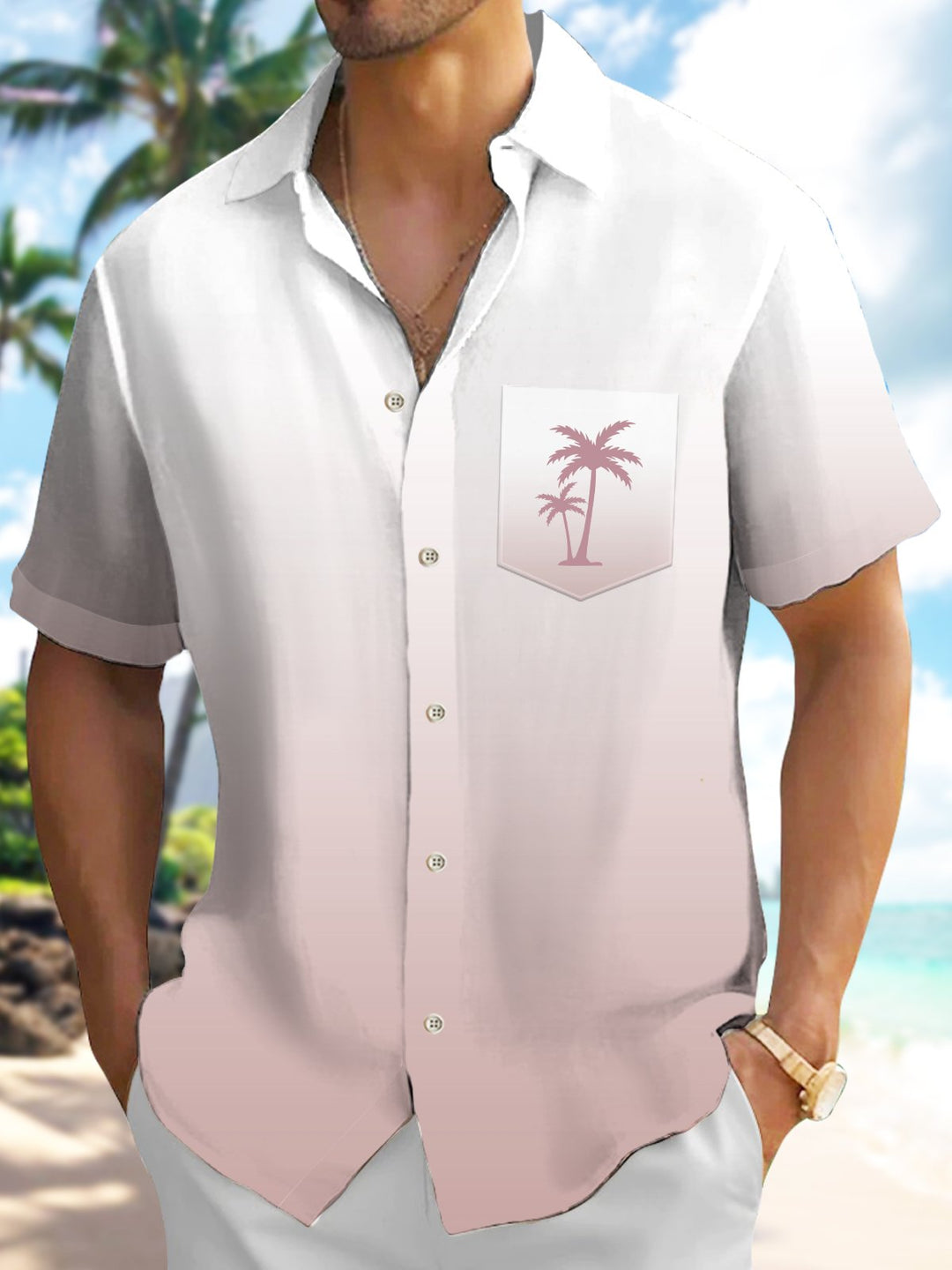Alohadaddy Gradient Solid Color Basic Hawaiian Coconut Tree Vacation Shirt