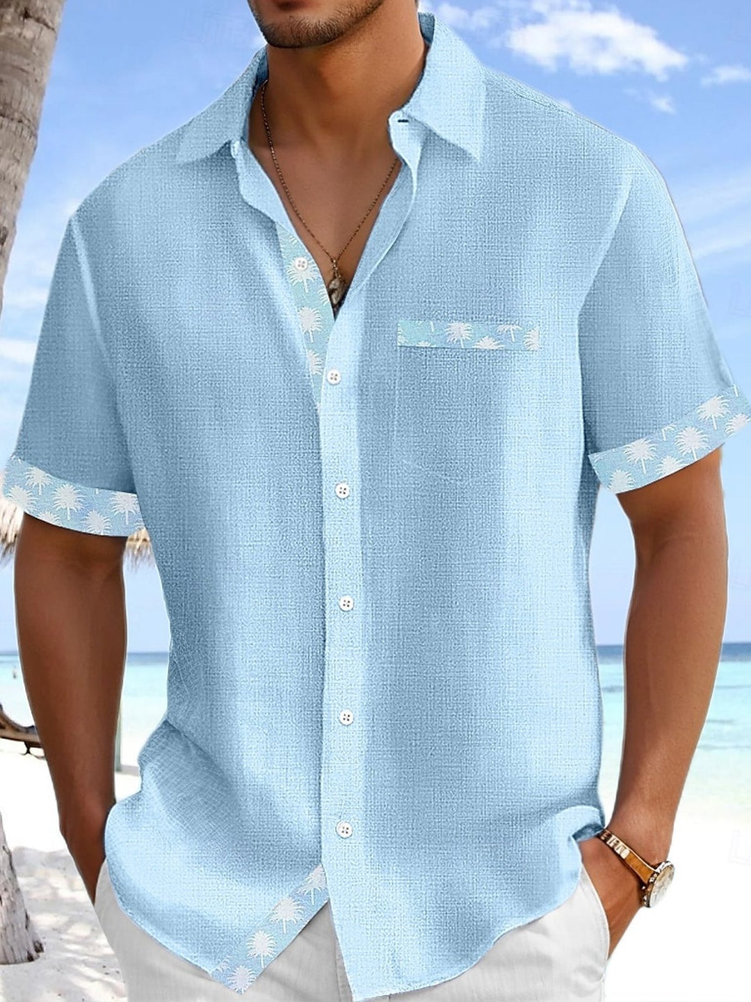 Alohadaddy Breathable Basic Solid Color Patchwork Coconut Tree Pocket Shirt