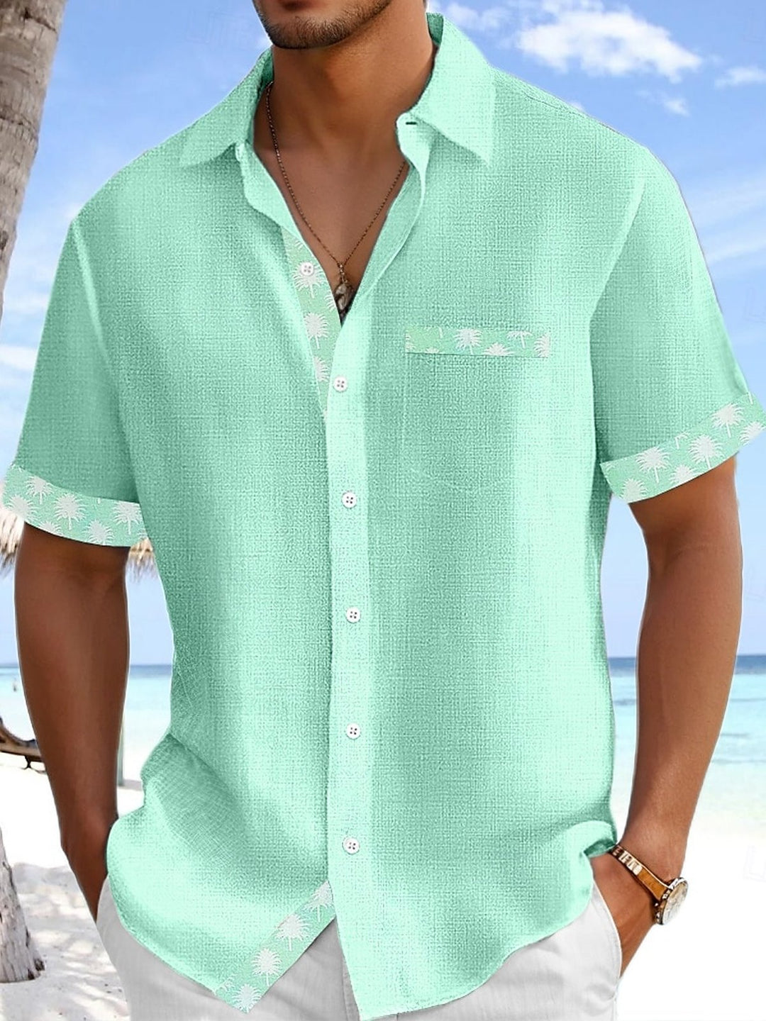 Alohadaddy Breathable Basic Solid Color Patchwork Coconut Tree Pocket Shirt