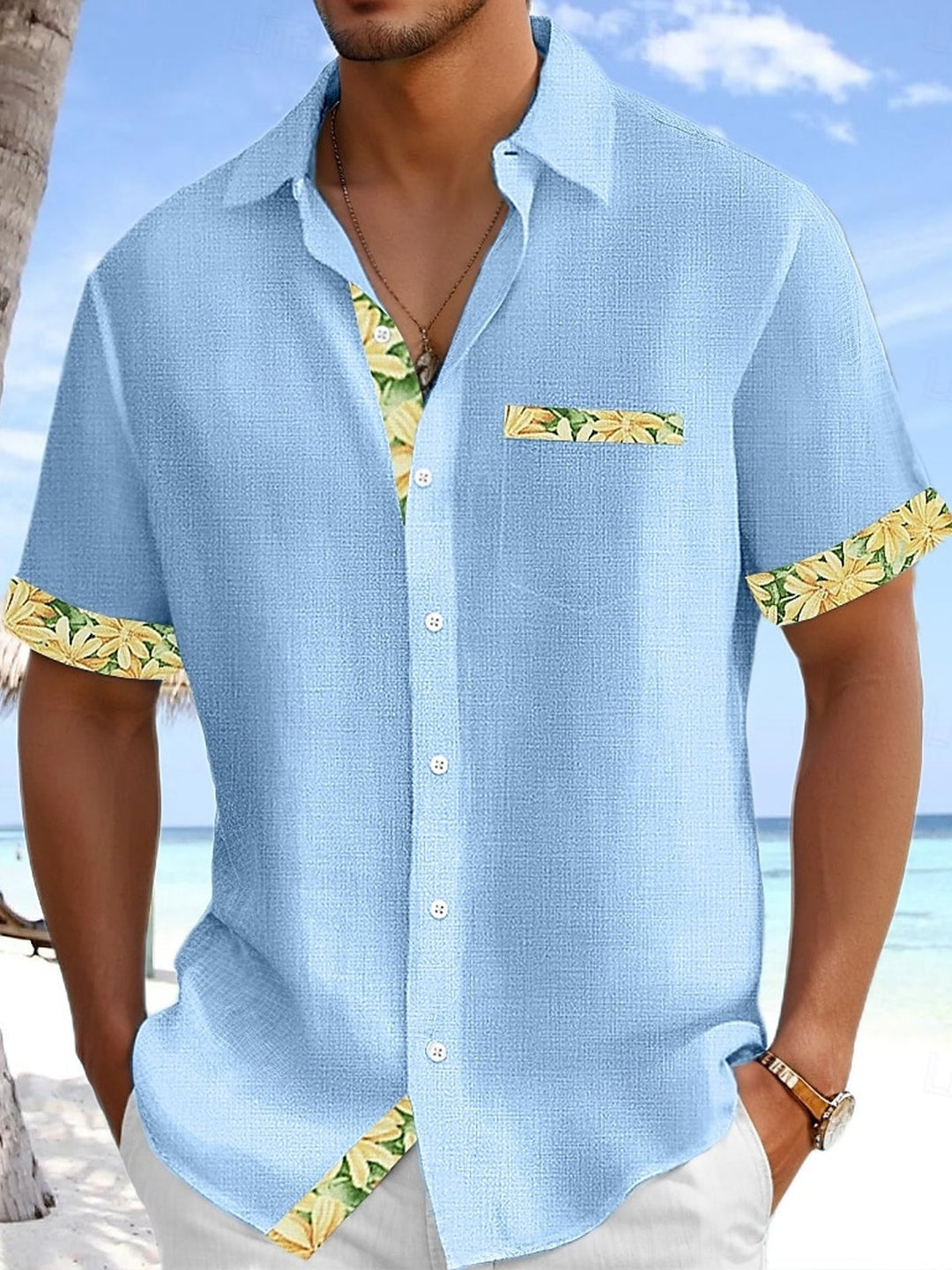 Alohadaddy Breathable Basic Solid Color Patchwork Fabric Floral Pocket Elastic Shirt
