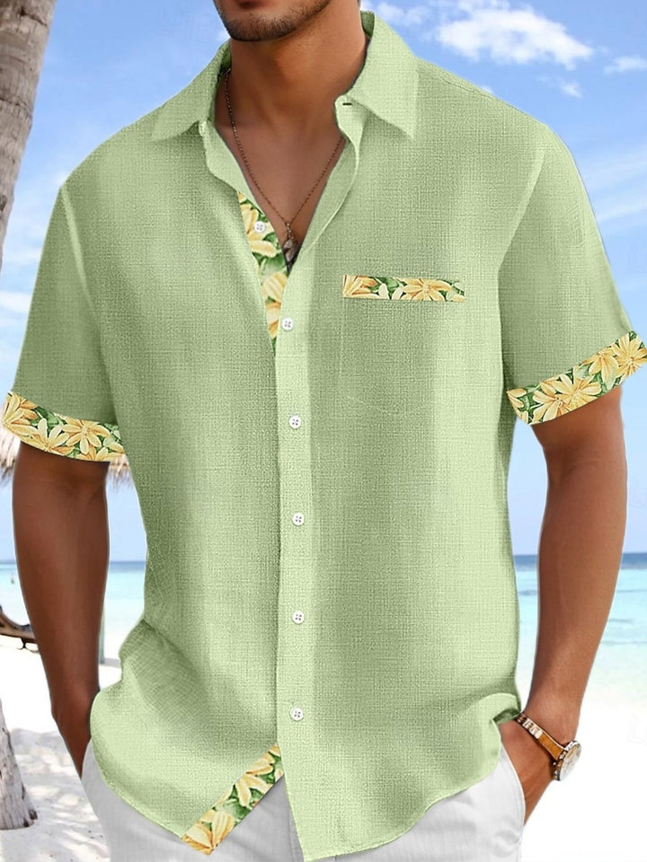 Alohadaddy Breathable Basic Solid Color Patchwork Fabric Floral Pocket Elastic Shirt