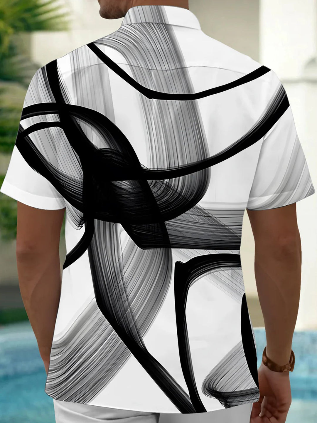 Alohadaddy Breathable Skin-Friendly Retro Geometric Abstract Pocket Elastic Shirt