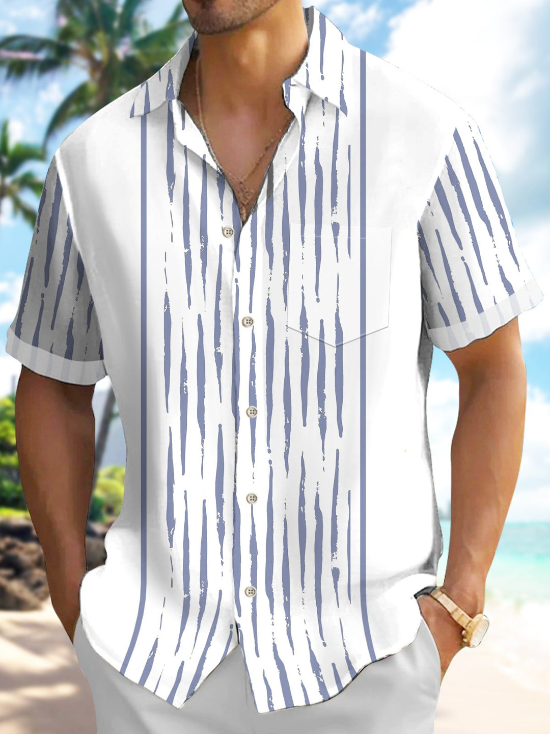 Alohadaddy Retro Geometric Texture Breathable Cool Stretch Pocket Shirt