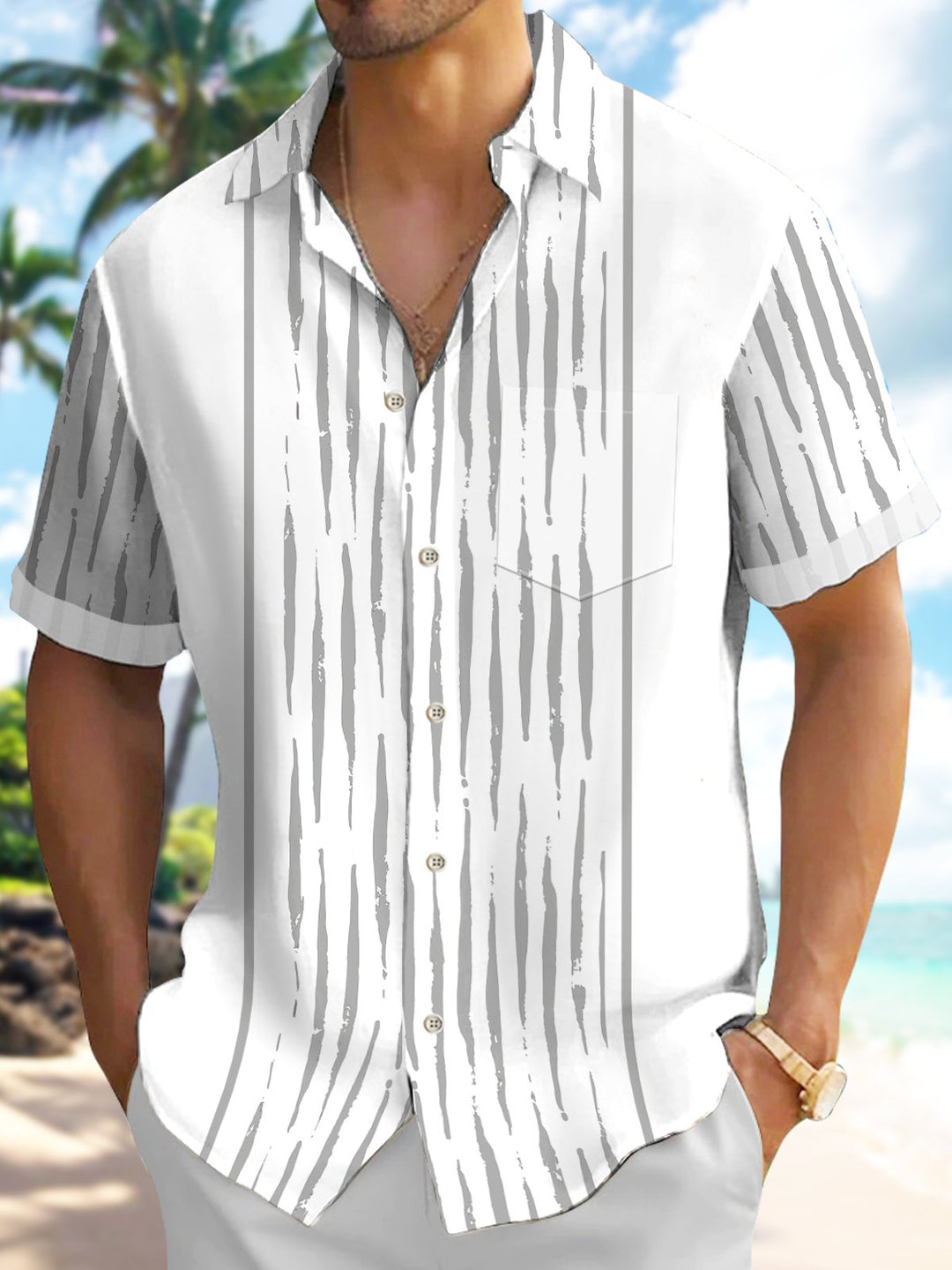 Alohadaddy Retro Geometric Texture Breathable Cool Stretch Pocket Shirt
