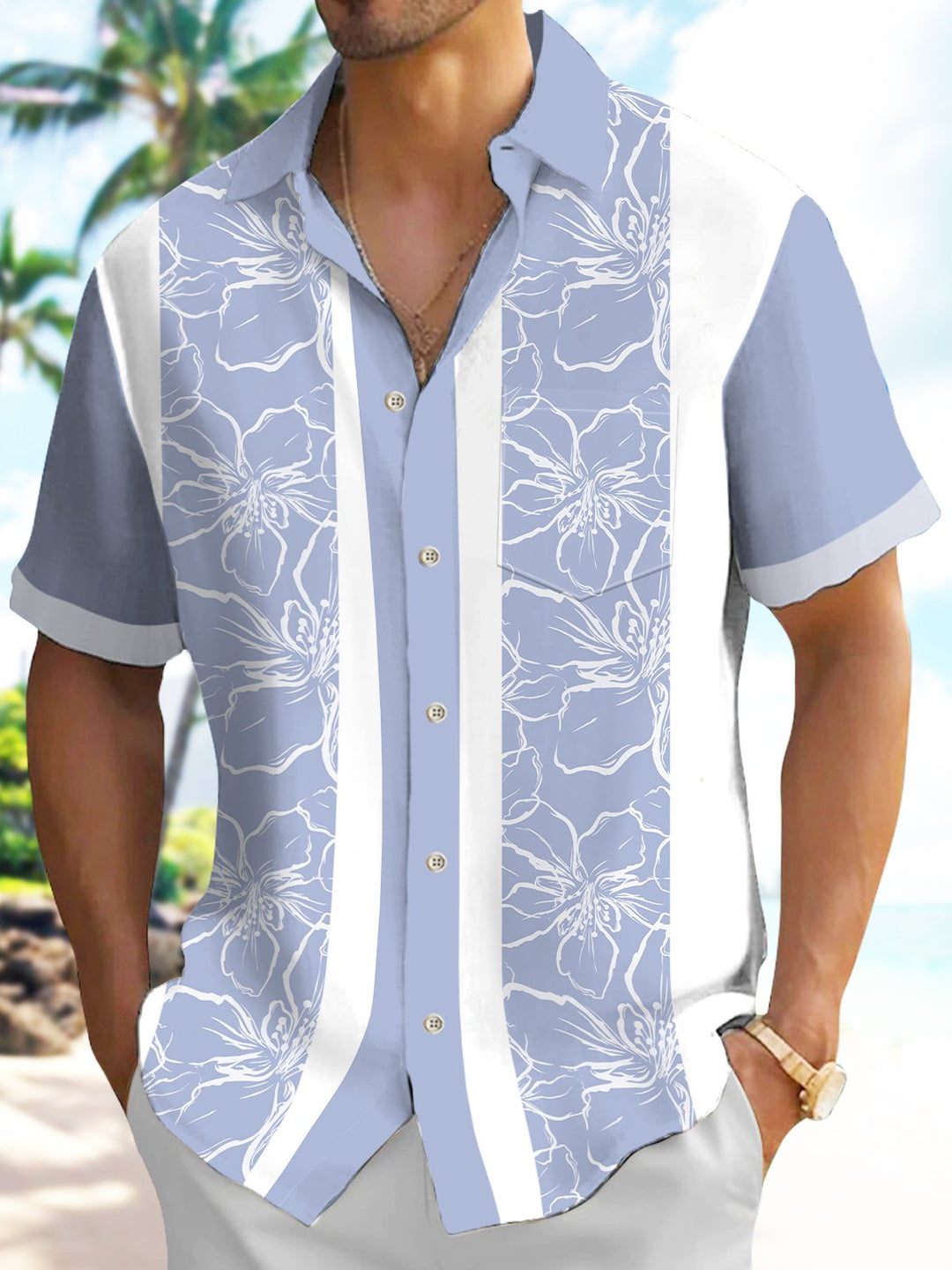 Alohadaddy Pocket Vintage Bowling Plant Floral Print Beach Men&