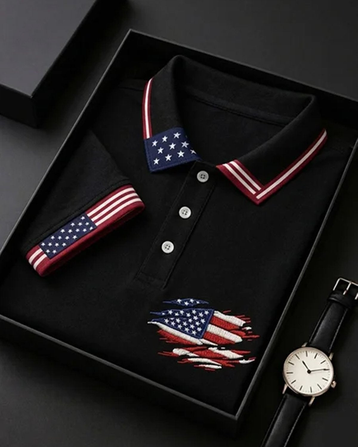 Alohadaddy® Men's Vintage Independence Day Ripped Distressed American Flag Graphic Short Sleeve Polo Shirt Big & Tall
