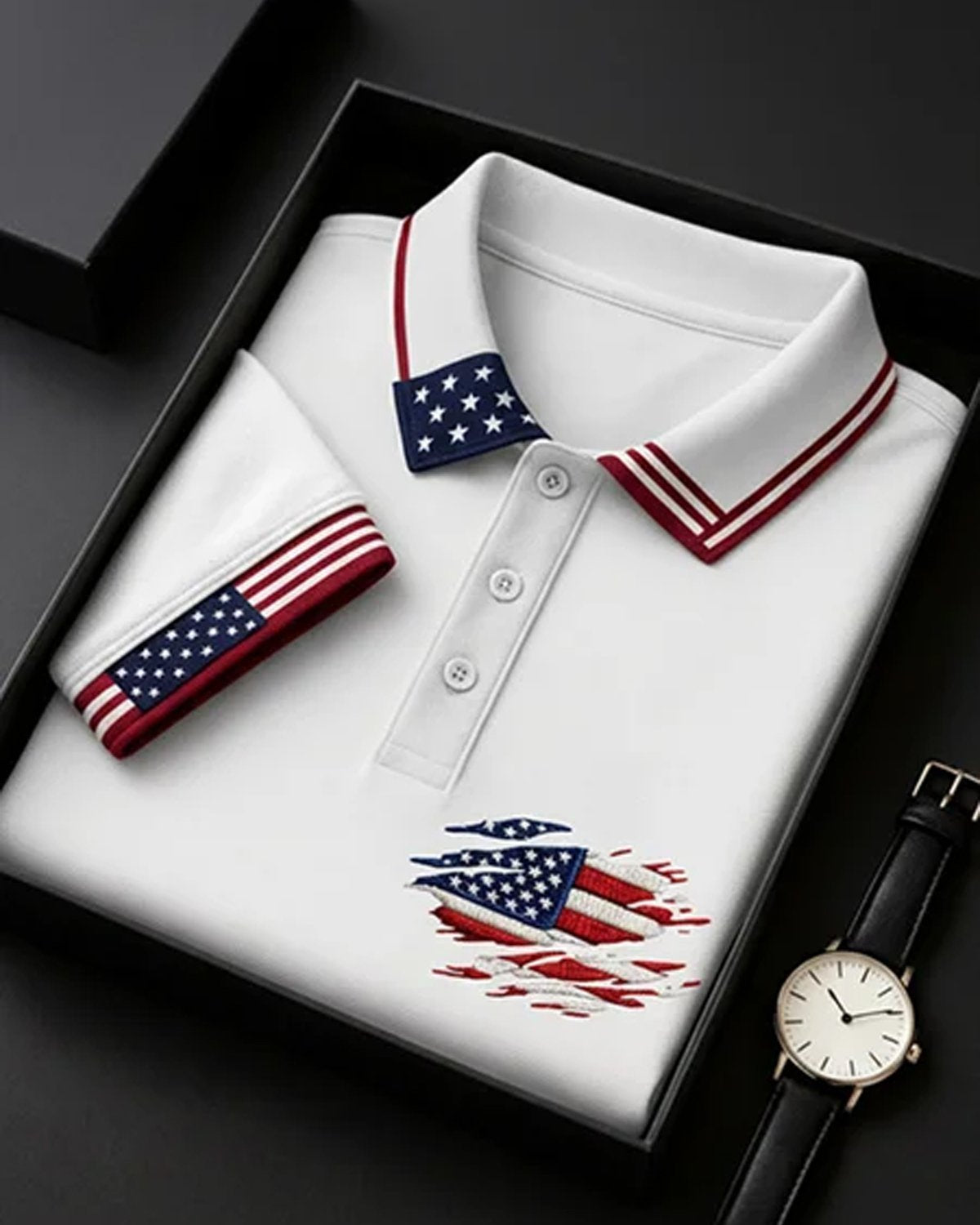 Alohadaddy® Men's Vintage Independence Day Ripped Distressed American Flag Graphic Short Sleeve Polo Shirt Big & Tall
