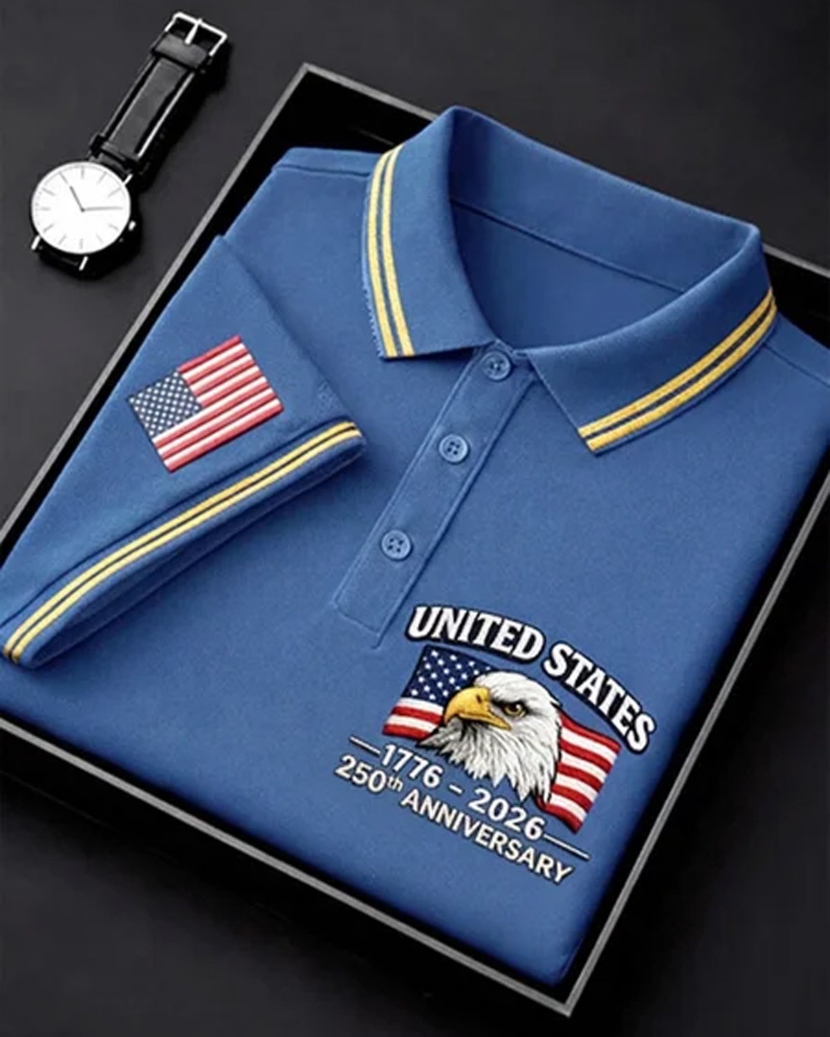 Alohadaddy® Men's Vintage Heritage USA 250th Anniversary Bald Eagle Head Flag Graphic Short Sleeve Polo Shirt Big & Tall