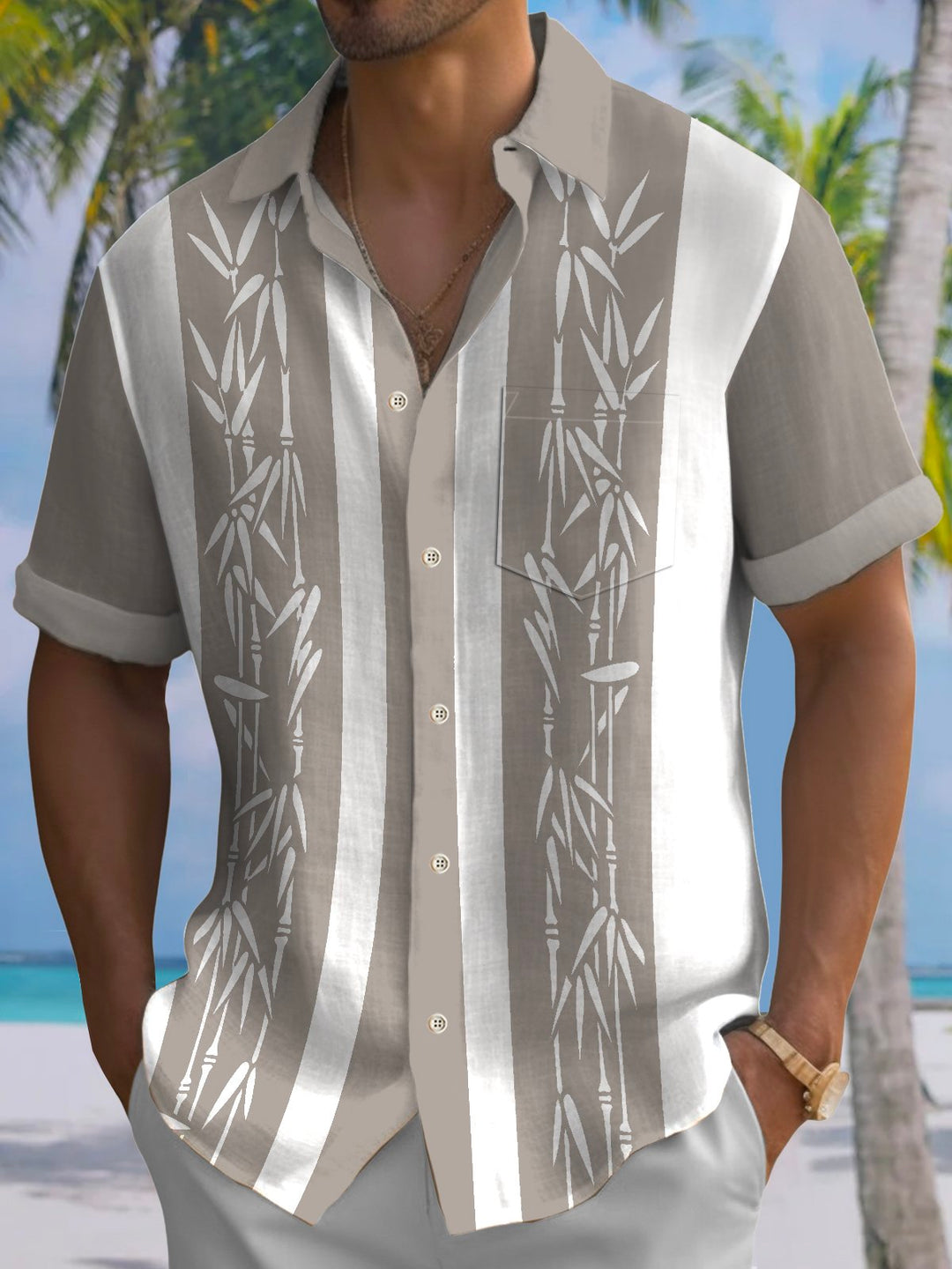 AlohaDaddy Pocket Vintage Bowling Plant Bamboo Print Beach Men&