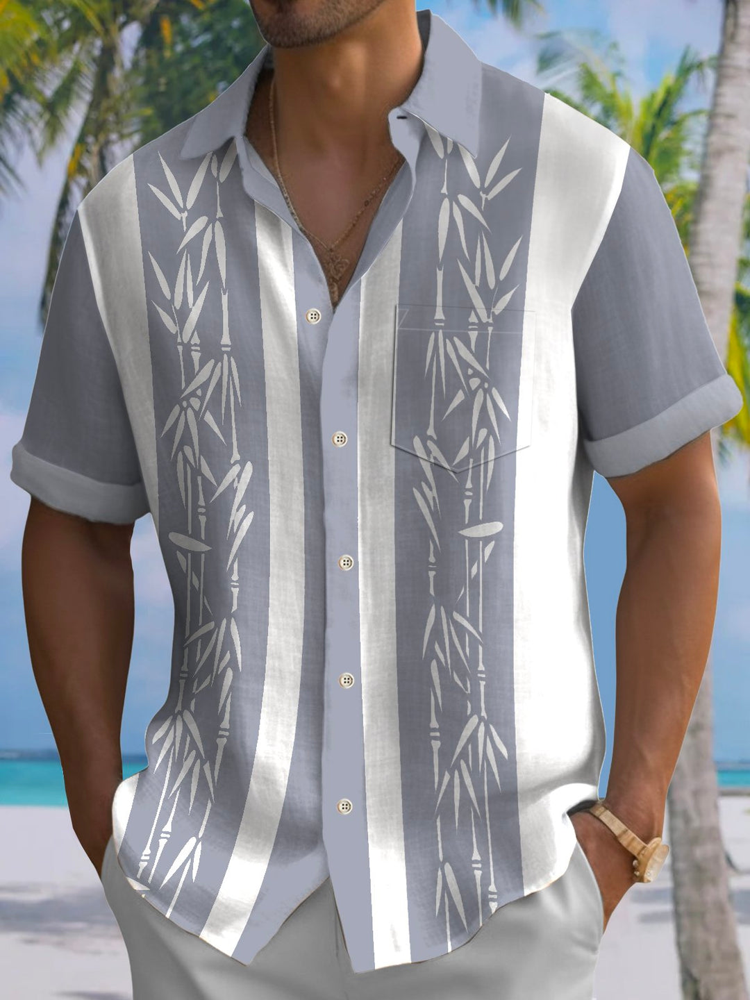 AlohaDaddy Pocket Vintage Bowling Plant Bamboo Print Beach Men&