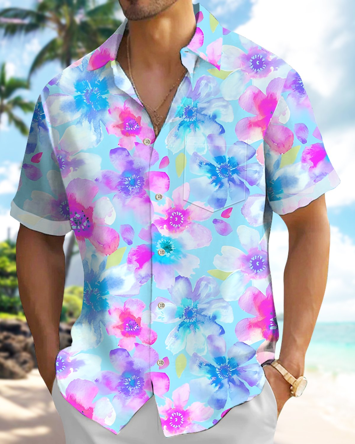 Alohadaddy® Hawaiian Floral Tropical Plant Watercolor Men's Shirt