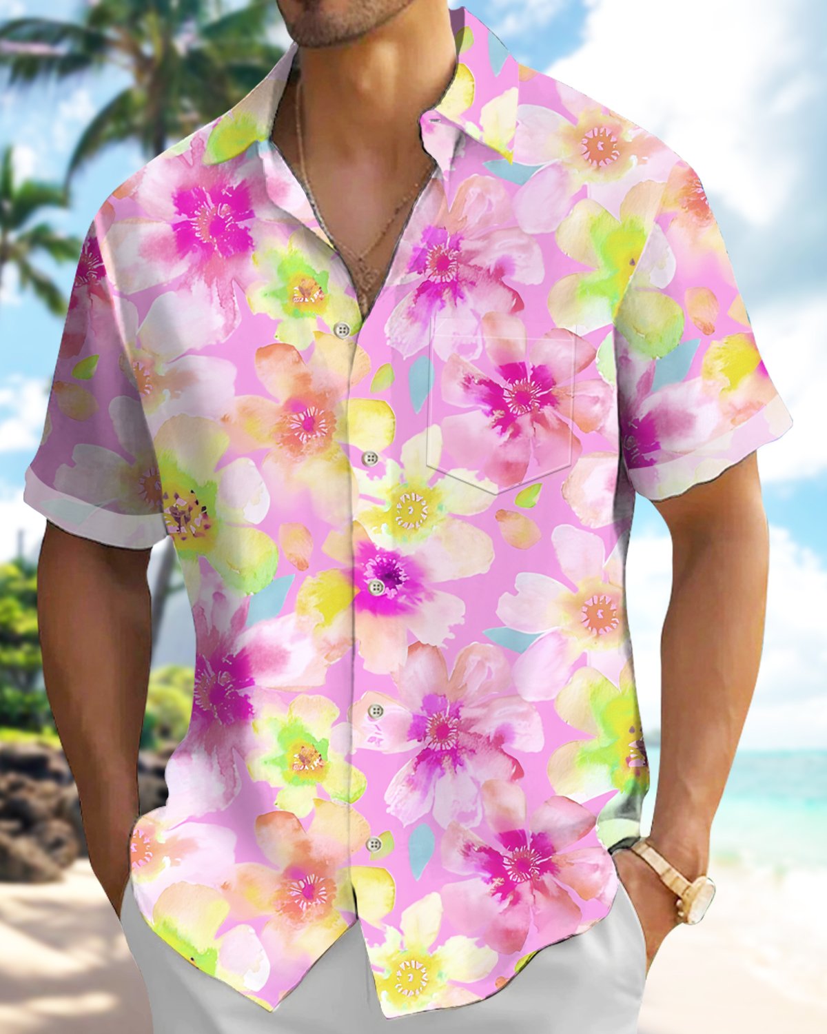 Alohadaddy® Hawaiian Floral Tropical Plant Watercolor Men's Shirt