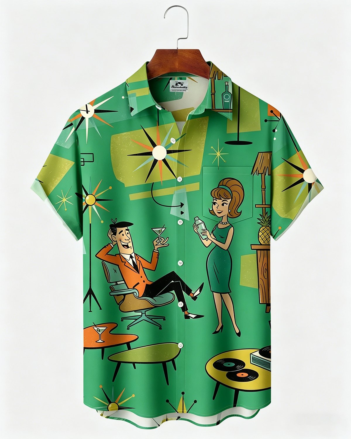 Alohadaddy® Retro Medieval Atomic Geometry Print Men's Button Pocket Short-Sleeve Hawaiian Big & Tall