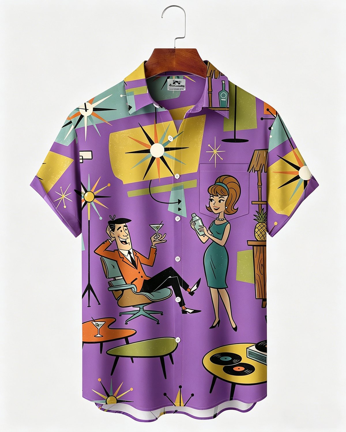 Alohadaddy® Retro Medieval Atomic Geometry Print Men's Button Pocket Short-Sleeve Hawaiian Big & Tall