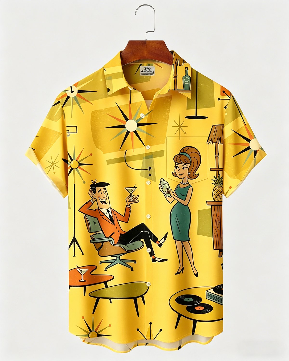 Alohadaddy® Retro Medieval Atomic Geometry Print Men's Button Pocket Short-Sleeve Hawaiian Big & Tall