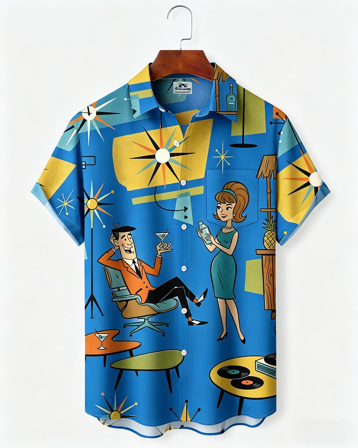 Alohadaddy® Retro Medieval Atomic Geometry Print Men's Button Pocket Short-Sleeve Hawaiian Big & Tall