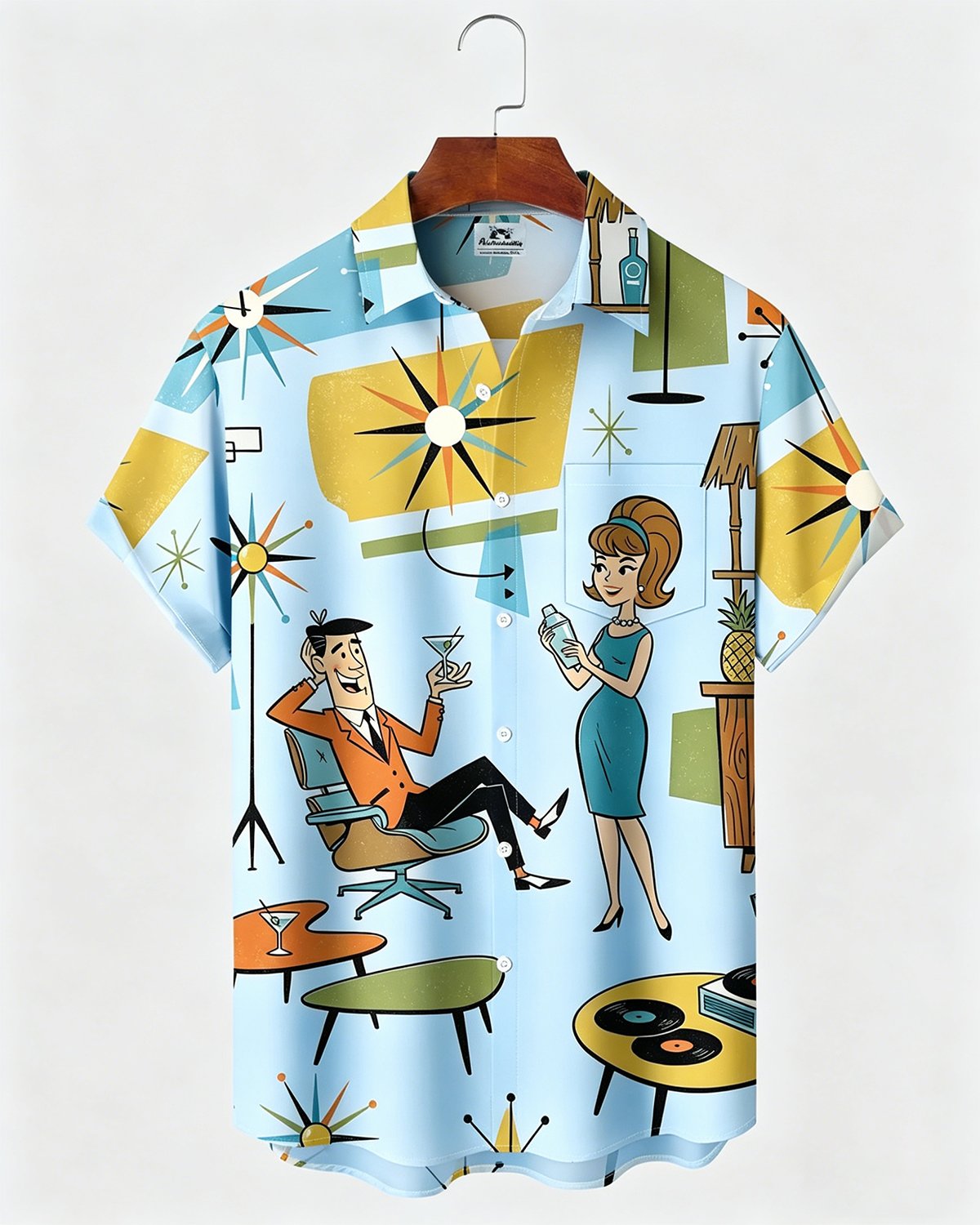 Alohadaddy® Retro Medieval Atomic Geometry Print Men's Button Pocket Short-Sleeve Hawaiian Big & Tall