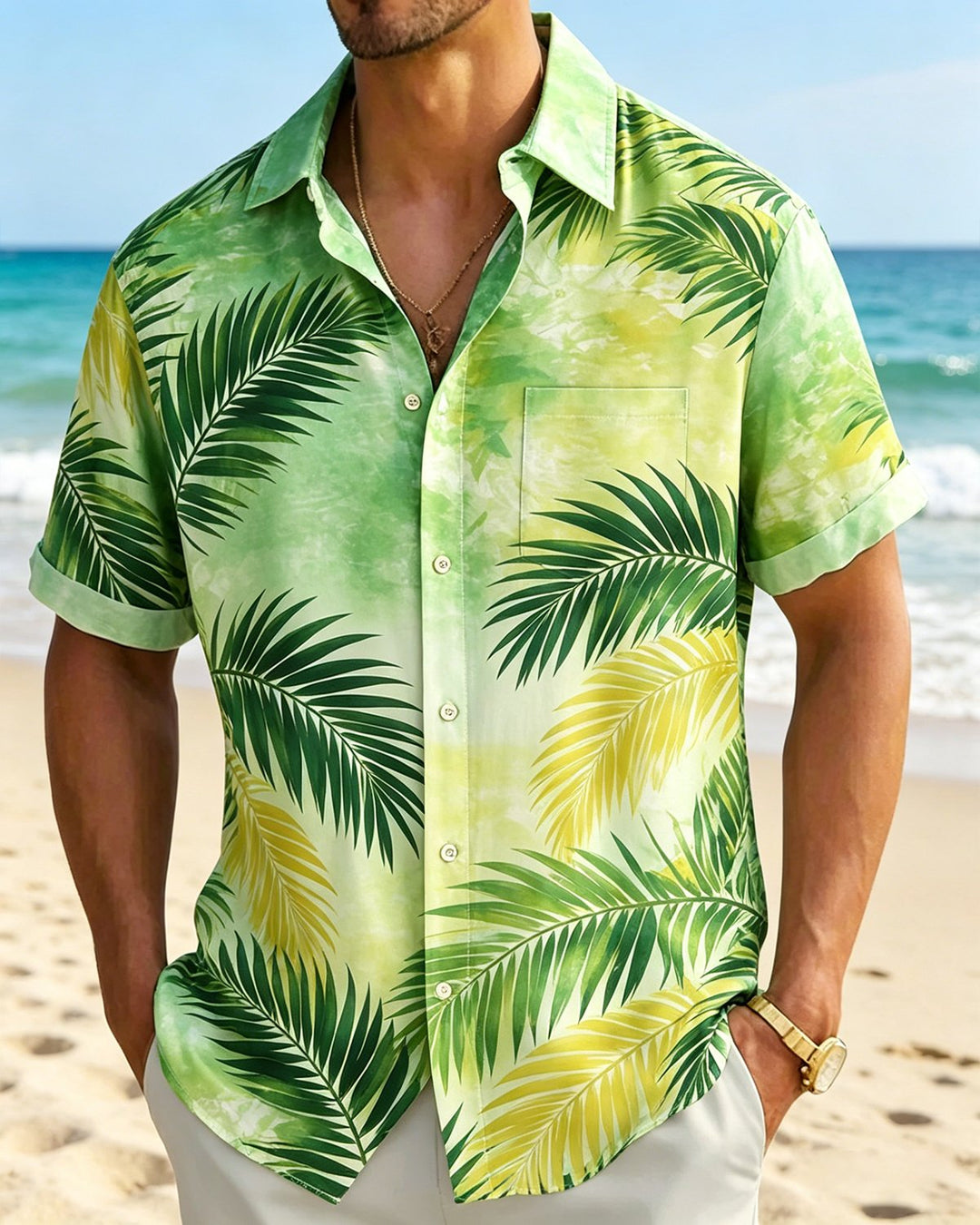 Alohadaddy® Hawaiian Tropical Floral Leaf Gradient Short-Sleeve Shirt