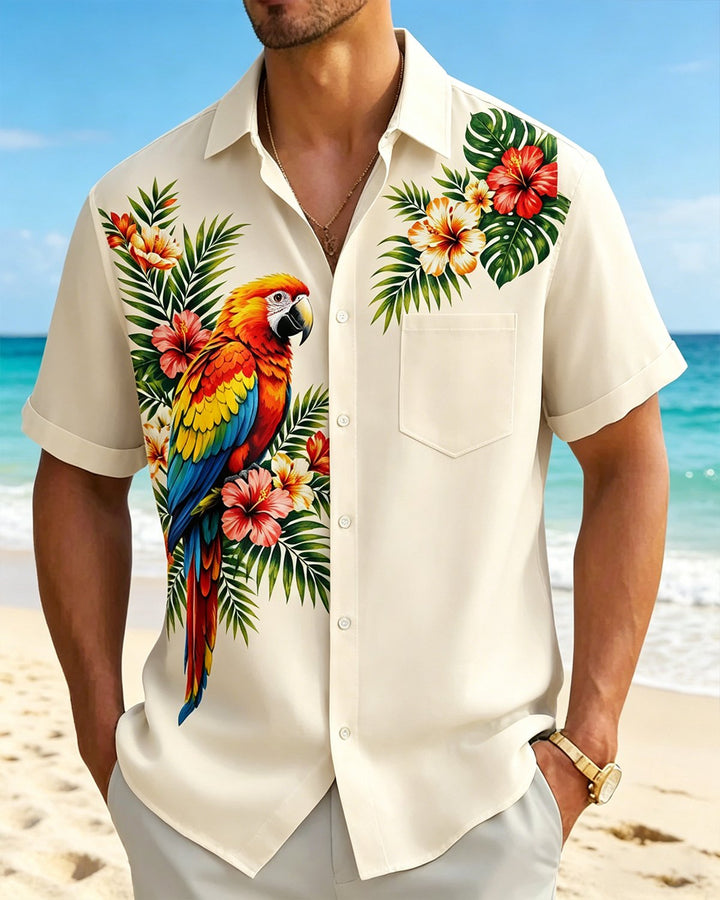 Alohadaddy® Tropical Hibiscus Banana Leaf Hawaiian Parrot Short-Sleeve Shirt