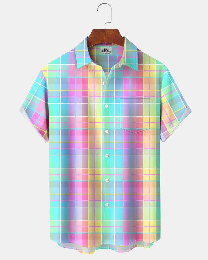 Alohadaddy® Retro Check Geometric Abstract Color Block Pocket Short-Sleeve Shirt