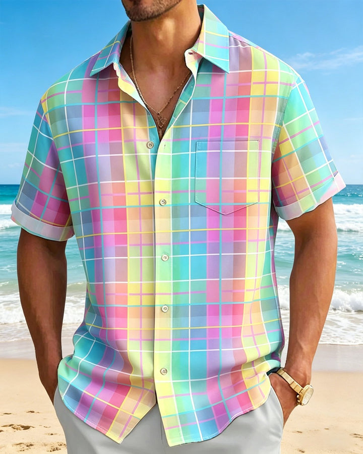 Alohadaddy® Retro Check Geometric Abstract Color Block Pocket Short-Sleeve Shirt
